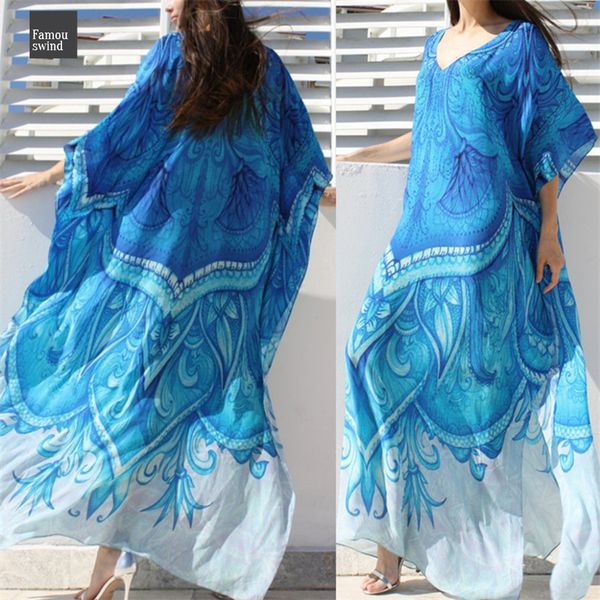 

ocean beach платье printed bohemian синий кафтан плюс размер туники лета женщин пляжная половина рукава платья макси твердая robe n669, Black;gray