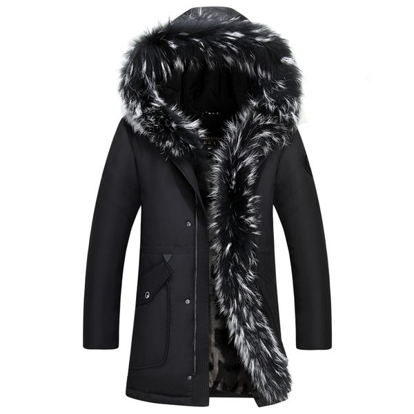 

men down coat 2019 russian winter extra long down jacket men's casual parkas fur collar hooded thicken warm brand jackets, Black