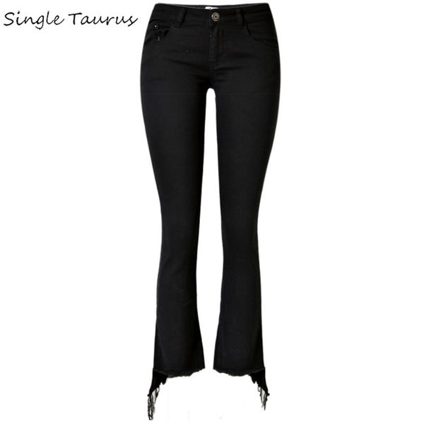 

skinny flare jeans for women fashion streetwear causal denim pants woman black pantalon femme irregular edge fringed boots pants, Blue