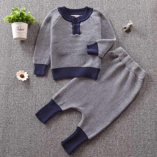 

fashion baby clothing set 2019 autumn children's knitted striped wool suit two-piece suit for baby boys and girls, White