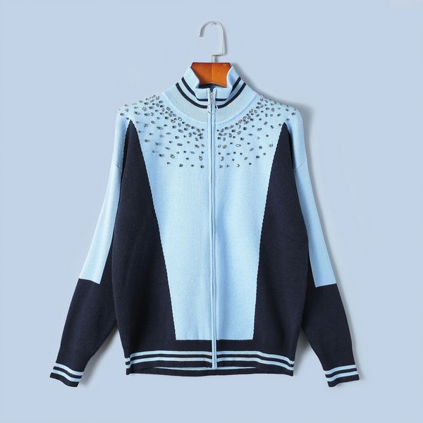 

women's knitted sweater long sleeve rhinestone patchwork striped preppy style cardigan coat, White