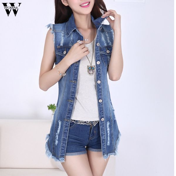 

womail long sleeveless denim jacket women boyfriend ripped vest jacket turn-down collar casual ladies coats streetwear, Black;white
