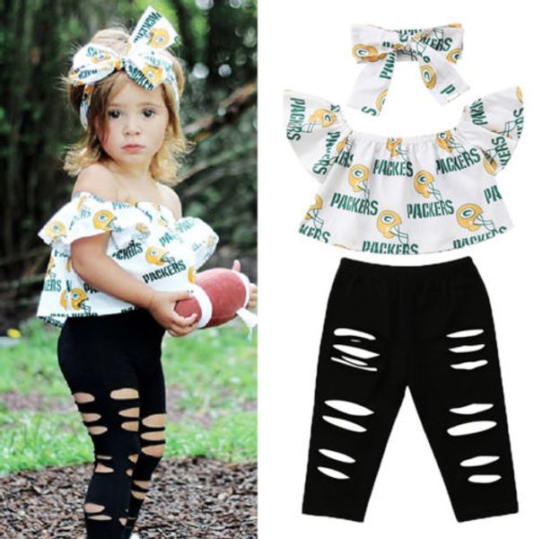 

2019 fashion 3pcs letter print baby kids girls clothes set off shoulder + ripped denim pants + headband outfits, White