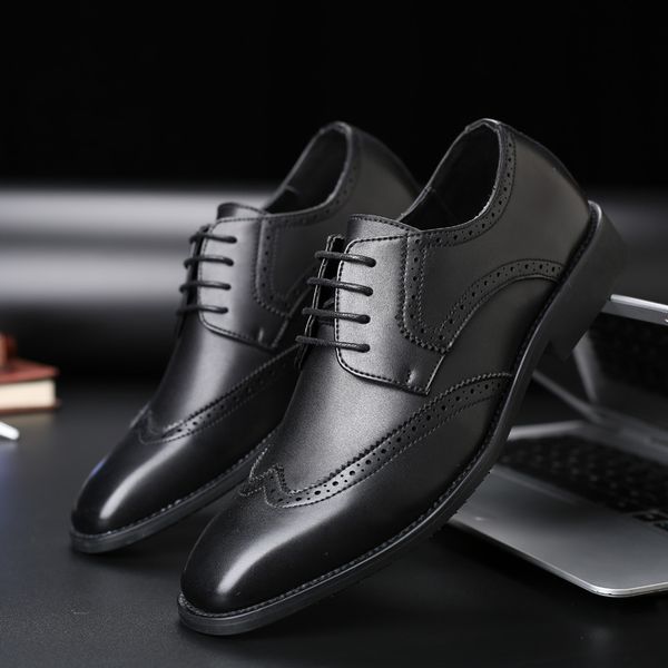 

spring men casual leather shoes luxury classic men dress shoes men's brogue oxford formal wedding zapatos de hombre, Black