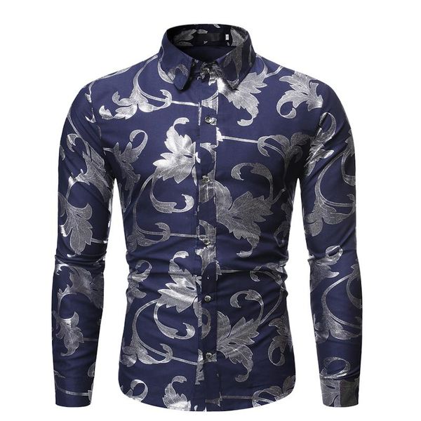 

social shirt for men unique design bronzing flower long sleeved clothing men's casual floral shirt slim fashion new, White;black
