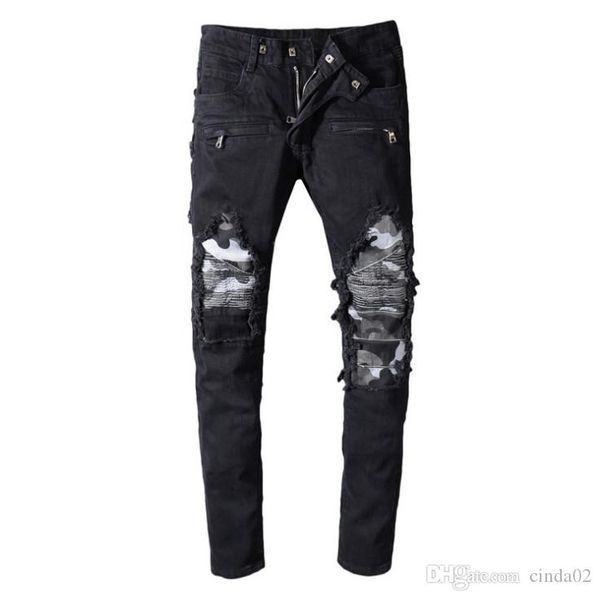 

fashion new mens designer jeans hip hop distressed zipper jeans ripped denim pants black, Blue