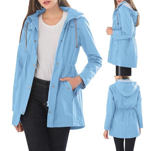 

casual solid color women autumn winter long sleeve hooded rain jacket wind coat, Tan;black