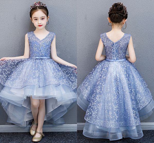 

wholesale blue lovely lace flower girls dresses hi-lo v neck zipper back bow belt kids pageant gowns christmas party dresses on sale, White;blue