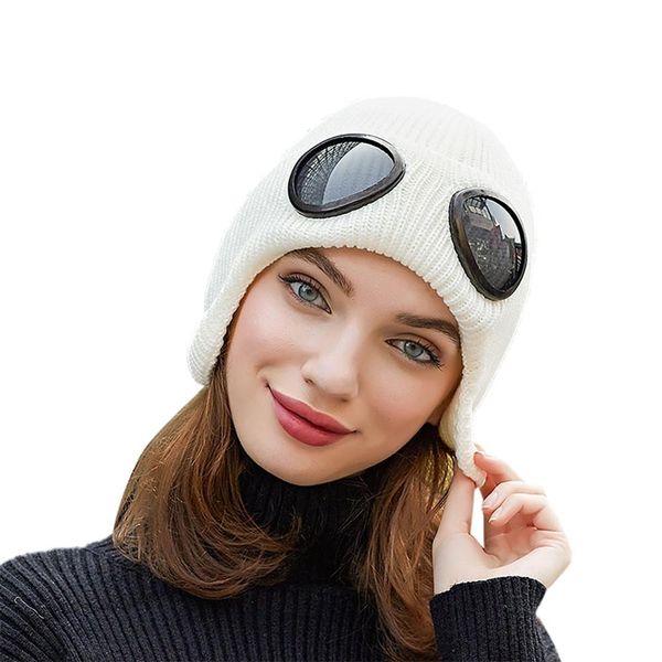 

solid colors winter knitted caps skullies beanies cap for women men's double removable glasses cap new, Black;white
