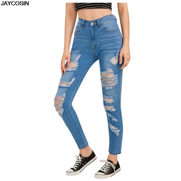 

jaycosin jeans women's winter fashion slim hole high waist jeans pockets solid color 2020 new jeansy damskie 1214, Blue