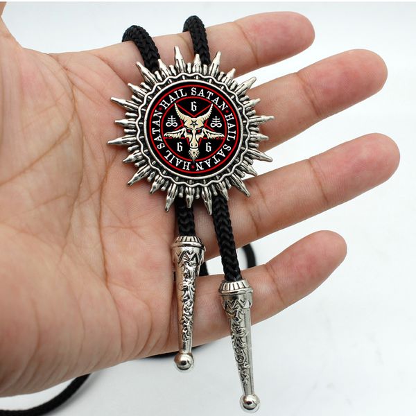 

bolo-0028 new arrival baphomet inverted pentagram goat head western bolo tie round glass dome baphomet jewelry satanism necklace, Golden;silver
