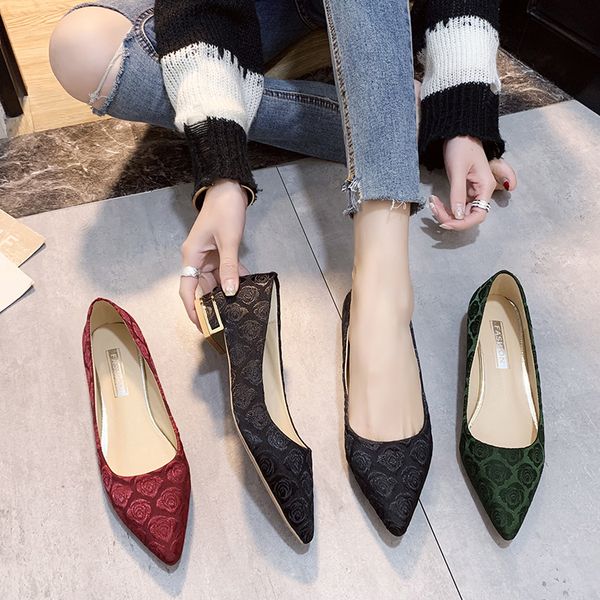 

spring new basic flat loafers fashion wild comfortable solid color light mouth pointed rose print ladies casual slip-on w28-04, Black
