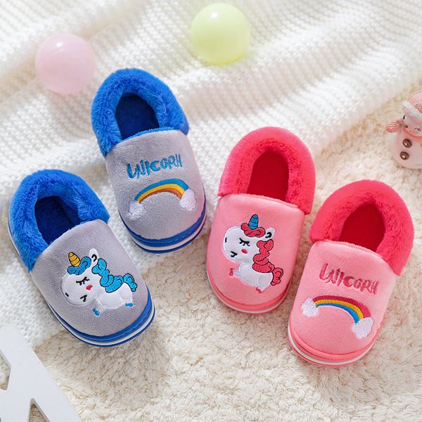 

new winter kids slippers unicorn girls flip flop toddler plush slides baby boys indoor shoes cotton warm house children slippers, Black;grey