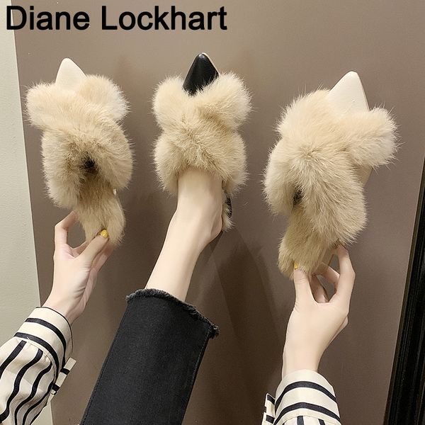 

vogue women fur mules winter slippers sweet home flat shoes woman outdoor warm furry slip on slipper female fluffy slippers 38, Black