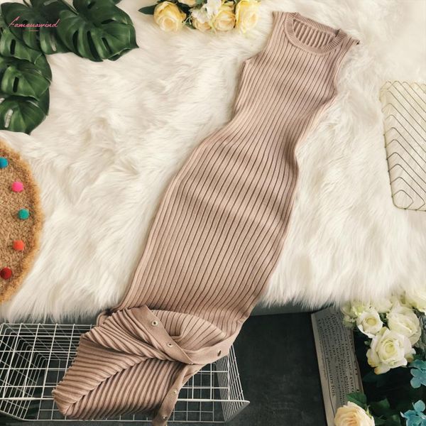 

2020 new fashion womens clothing autumn and winter knitting round neck sleeveless slim mid length dress pp034, Black;gray