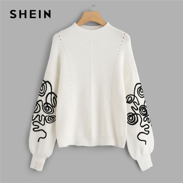

shein white bishop sleeve eyelet detail jumper elegant casual round neck long sleeve sweater women autumn pullovers sweaters, White;black