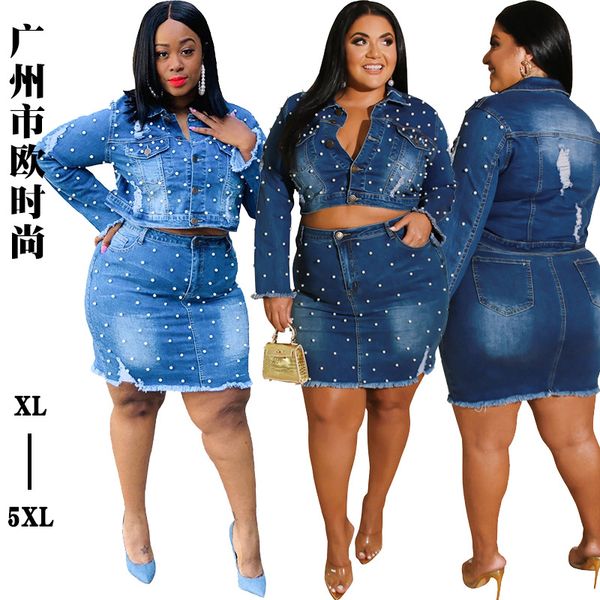 

europe and the united states beaded washed holes to do the old casual autumn and winter large size denim women dress, Black;gray