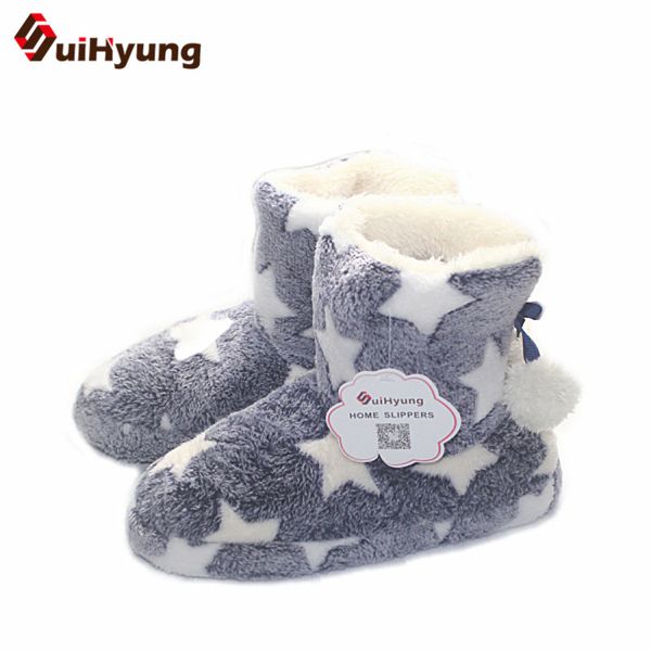 

suihyung women winter cashmere thermal indoor boots cotton shoes star home plush botas female non-slip warm cotton-padded shoes, Black
