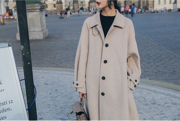 

2019 new winter cashmere coat hepburn style woolen blends women long coat section turn-down collar adjustable waist winter coats, Black