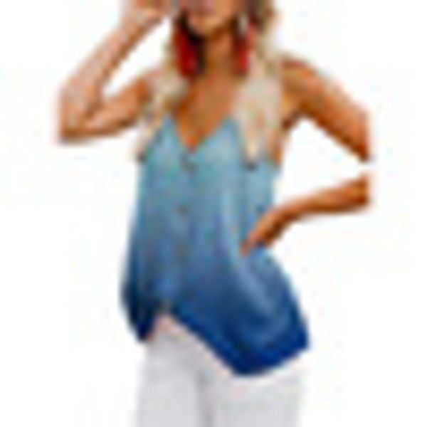 

women ladies vest beach summer button down blouse fashion party gradient color shirt v neck sleeveless, White