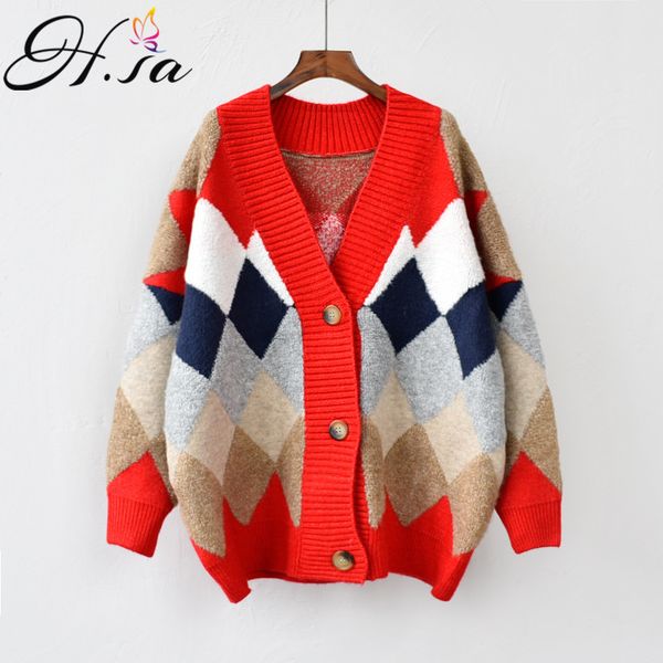 

women's knits & tees h.sa women spring sweater cardigans v neck geometric warm poncho jumpers loose style oversized knit overcoat outer, White