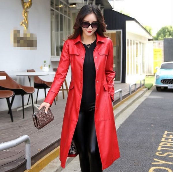 

2018 autumn winter leather jacket for women slim fit trench coat with sashes plus size 4xl 5xl windbreaker women black red green