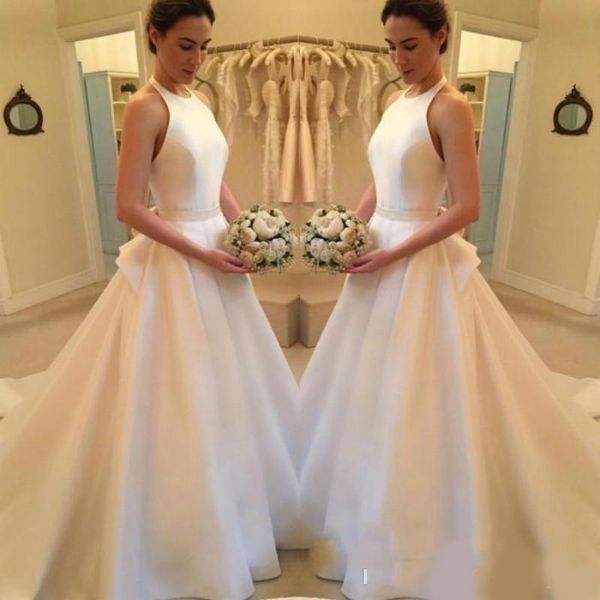 

2020 stunning halter neck satin white wedding dresses simple train sleeveless ball plus size custom vestido de novia formal bridal gown arab