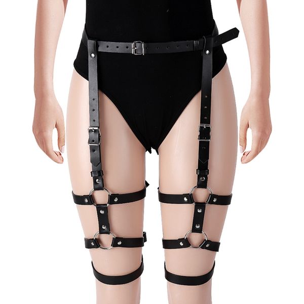 

black leather harness waist leg garter belt punk goth women straps metal rivet body cage adjustable art dance rave clothing, Black;white