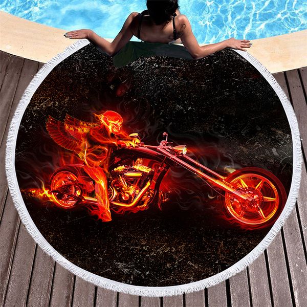 Acheter Flamme Moto Grand Tour De Plage Serviette En Microfibre Moteur Crâne Tapis De Yoga Gothique Noir Garçons Serviette De Bain Avec Gland De