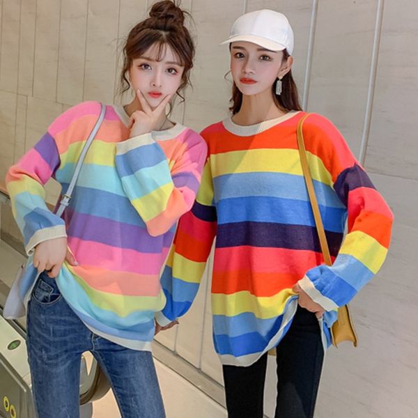 

womens sweater casual plus size knitted autumn winter oversize rainbow korean kawaii pullover striped female knitwear n01, White;black
