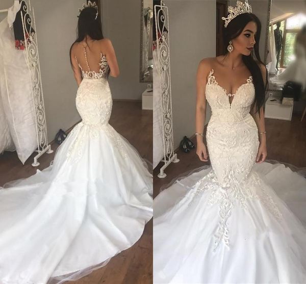 

illusion mermaid lace wedding dresses 2020 sheer neck sleeveless cover button back appliques bridal gowns vestidos de novia custom made, White