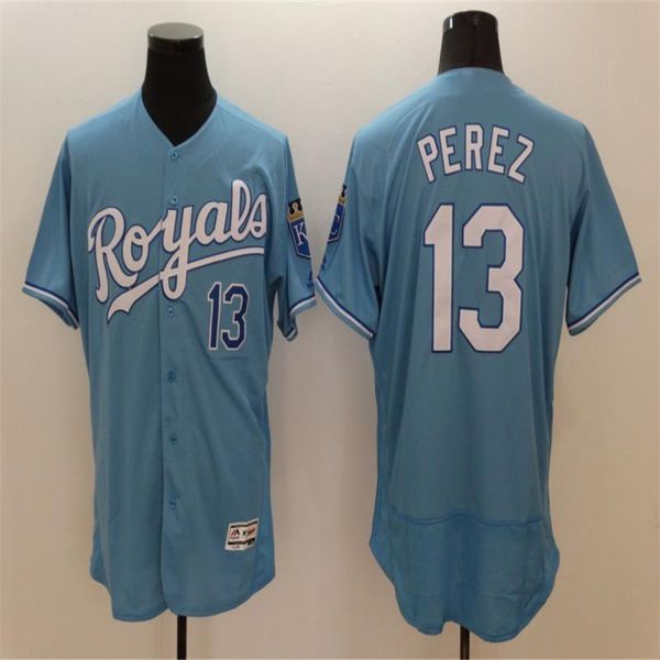 

2019 new fabric flexbase version #13 salvador perez retro jerseys color white gray blue green size:m-xxxl, Black;blue