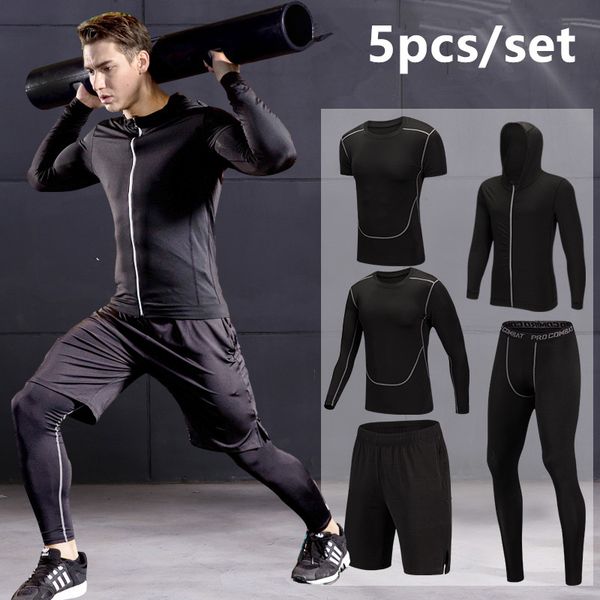 

quick dry running set мужчины compression спортивный костюм с капюшоном баскетбол trainning бег set дышащий gym бег трусцой фитнес одежда, Black;blue