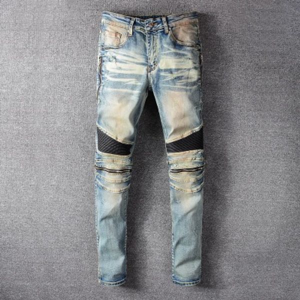 

men's straight ripped skinny jeans fashion designer men's jeans slim motorcycle men denim trousers hip hop men's jeans, Blue