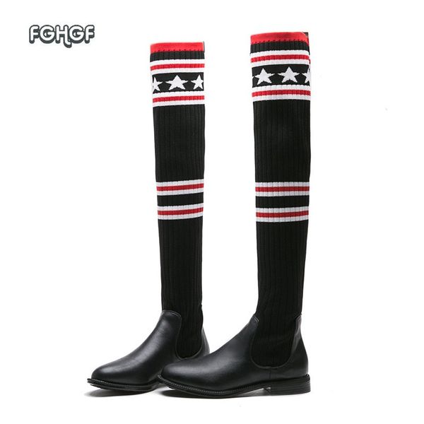 

new winter boots women shoes woman high knee boots thigh high over the knee knitted elastic slim botas mujer zapatos, Black