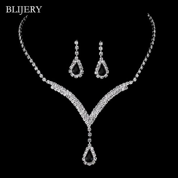 

blijery silver plated v shaped bridal jewelry sets black crystal teardrop necklace earrings party wedding jewelry sets for women, Slivery;golden