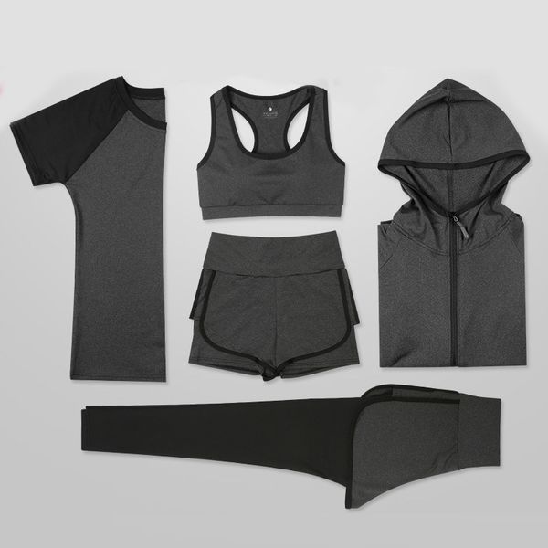 

new women yoga sport suit quick dry bra set 5 piece female short-sleeved shorts long pants outdoor sportswear fitness suit