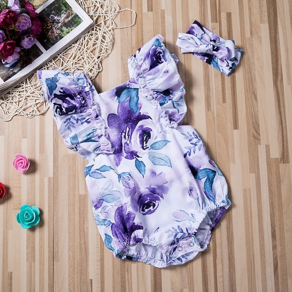 

pudcoco 0-24m newborn infant toddler baby girl short floral printed jumpsuit bodysuit+hair handband cotton clothes outfit, White