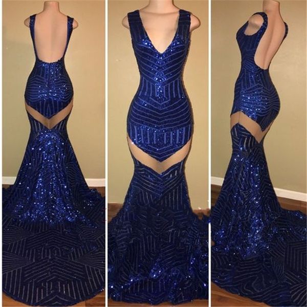 

royal blue sequined prom dresses real image open back mermaid v neck illusion long evening gowns vestidos ba8438, Black