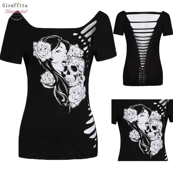 

2020 summer burning flowers hollow skull head t shirts shirt femme casual women t shirt, White