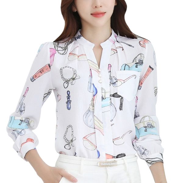 

2020 summer casual полная блуза для женщин печати шифона рубашка женщины street wear белой и черной мода шифона блузки вадимы *, White
