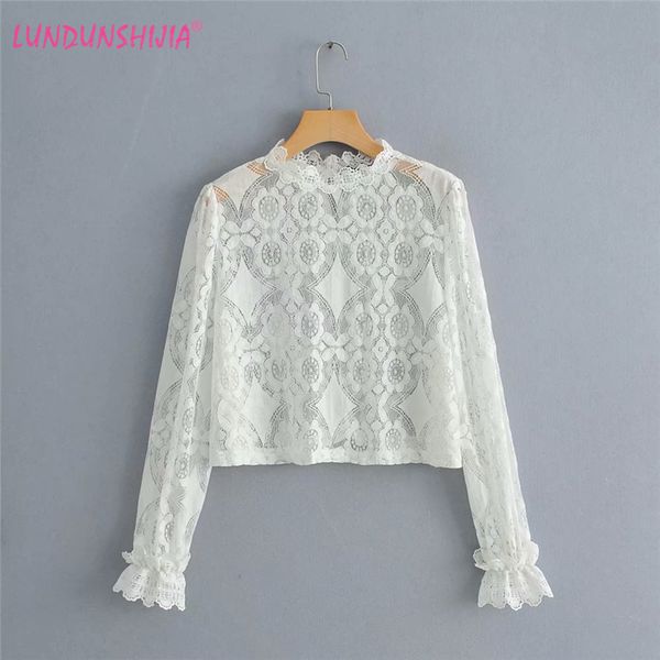 

lundunshijia blusas white lace loose blouse women elegant hollow out long sleeve shirts 2019 spring autumn short female top