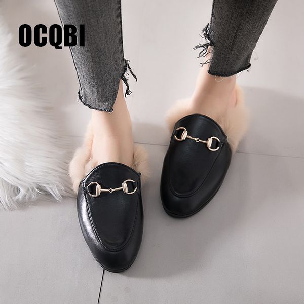 

plus size 40 41 42 43 classic luxury furry mules women slip on fur slippers brand buckle fluffy slides ladies short plush shoes, Black