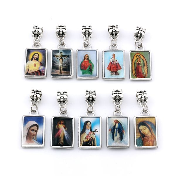 

50pcs double sided jesus christ icon dangle charm beads fit pendant bracelet necklace diy jewelry christmas gift 13.8x35.5mm a-573a, Bronze;silver
