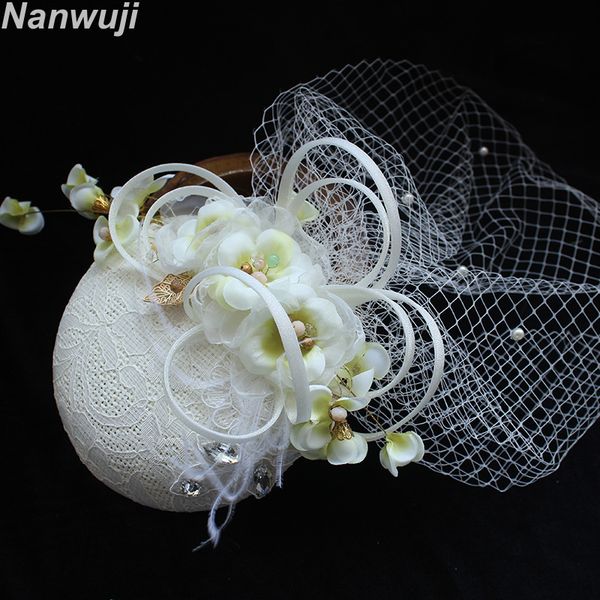 

2018 bridal net feather hats white hat veil bridal flower feathers fascinator bride face veils wedding bride hats