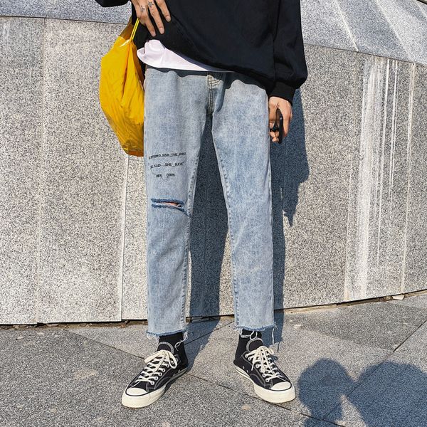

2019 spring and summer new korean version of the trend of simple couple straight loose hole casual pants hip hop streetwear, Blue