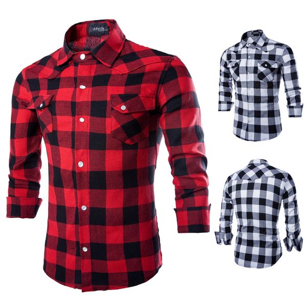 

2019 and january new men random long sleeves katoen plaid shirt /men fashion double pocket design plaid shirts, White;black