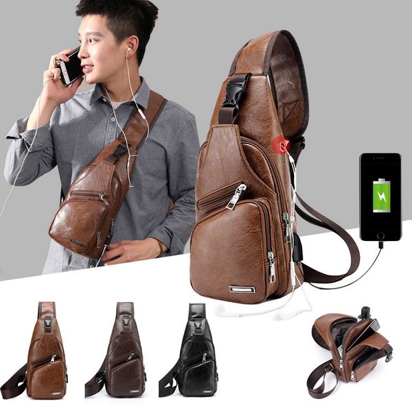 

shujin men's crossbody chest bags waist bags men's usb charging headphone plug leather shoulder bag diagonal package new 2019