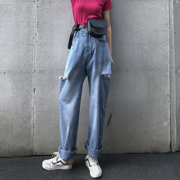 

2019 fashion full length jeans woman plus size ripped boyfriend mom jeans ladies women loose wide leg pants mujer, Blue