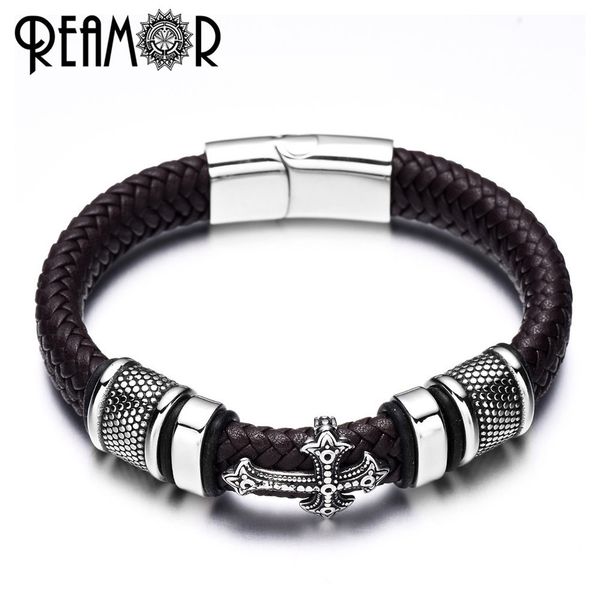 

reamor 12mm width braided leather men bracelets 316l stainless steel cross charms cuff bracelets bangles trendy male jewelry sh190727, Golden;silver